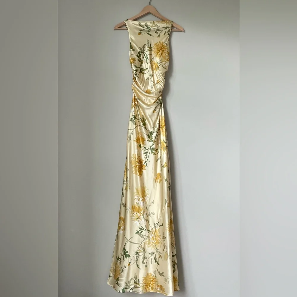 NEW Reformation Anaiis Long Backless Silk Dress Honeyglow Yellow Floral | US 2 - Picture 10 of 15